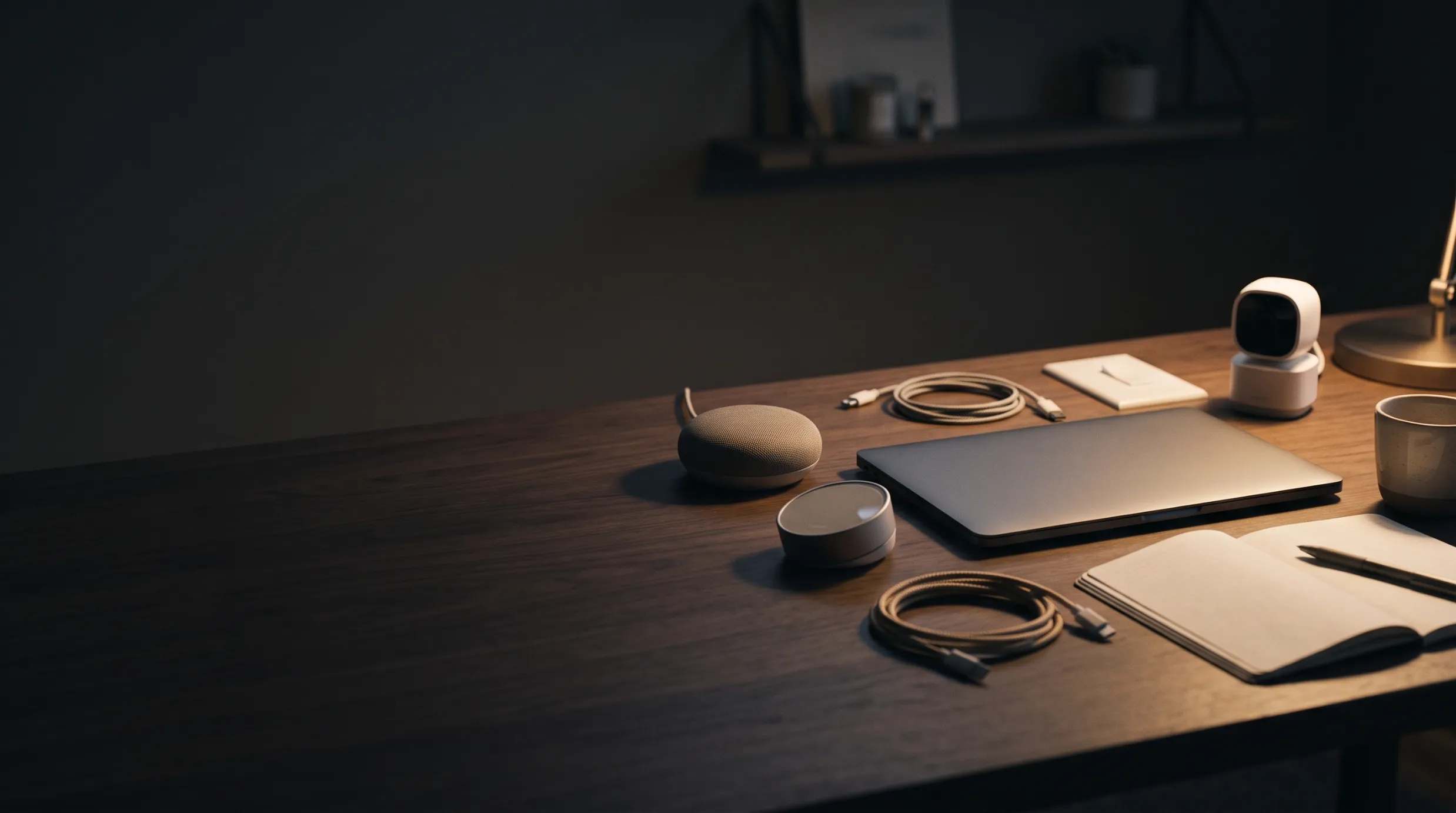 Desk with a closed laptop, smart speaker, smart thermostat, security camera and light switch plate, representing our smart home guides