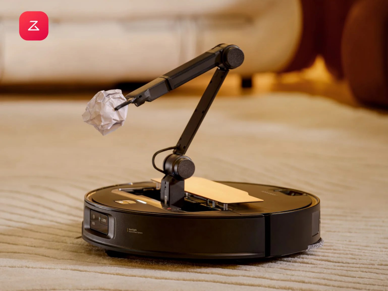 A Roborok robot vacuum cleaning a living room floor