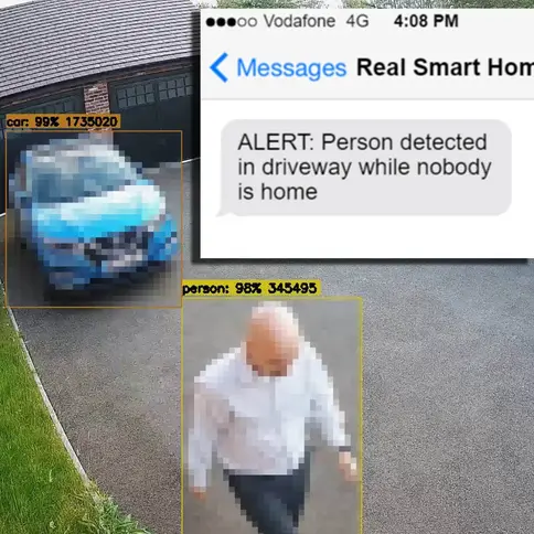 A mobile alert from The Real Smart Home showing local AI object recognition detecting a person and car in a driveway with 98% accuracy.