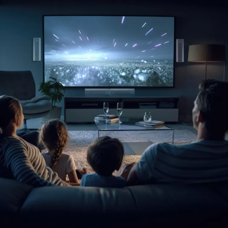 Family watching a movie in a smart home cinema with automated lighting and integrated audio system.
