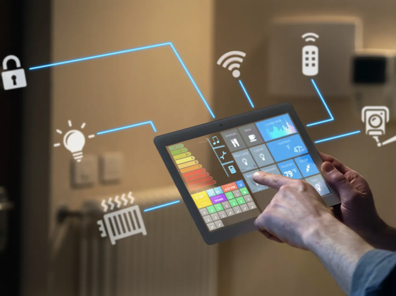 Tablet interface controlling smart home lighting, heating, security, and devices in an automated home environment.