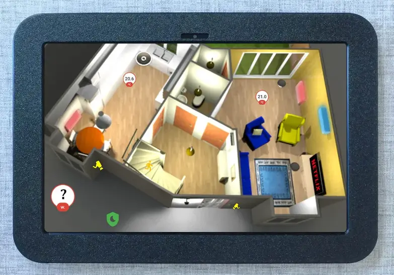 A tablet displaying a personalised 3D smart home floor plan interface used to control lighting, heating, and security via The Real Smart Home automation system.