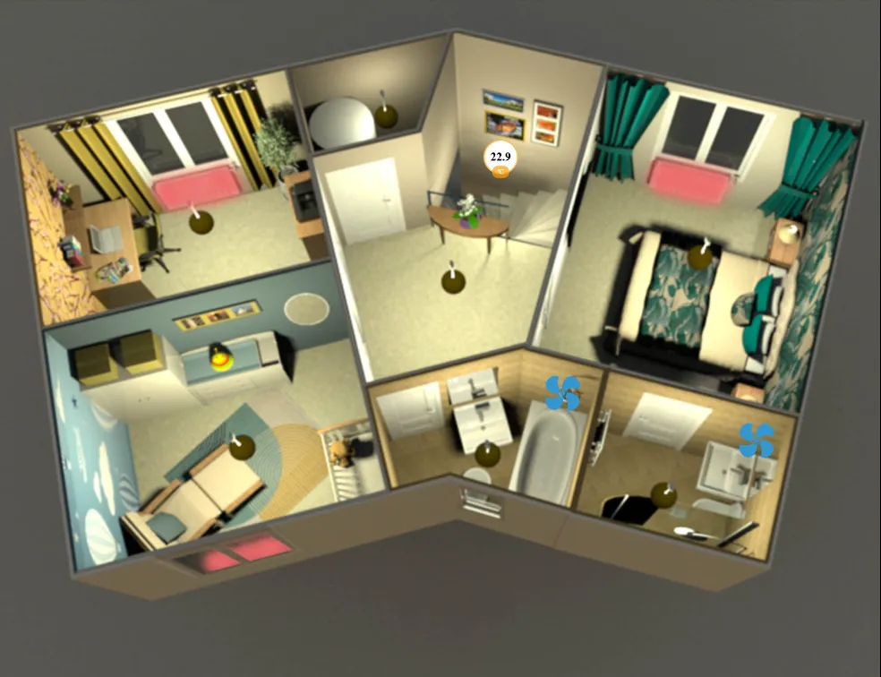 A custom 3D floor plan for The Real Smart Home app, allowing users to control lighting, heating, and security in every room.