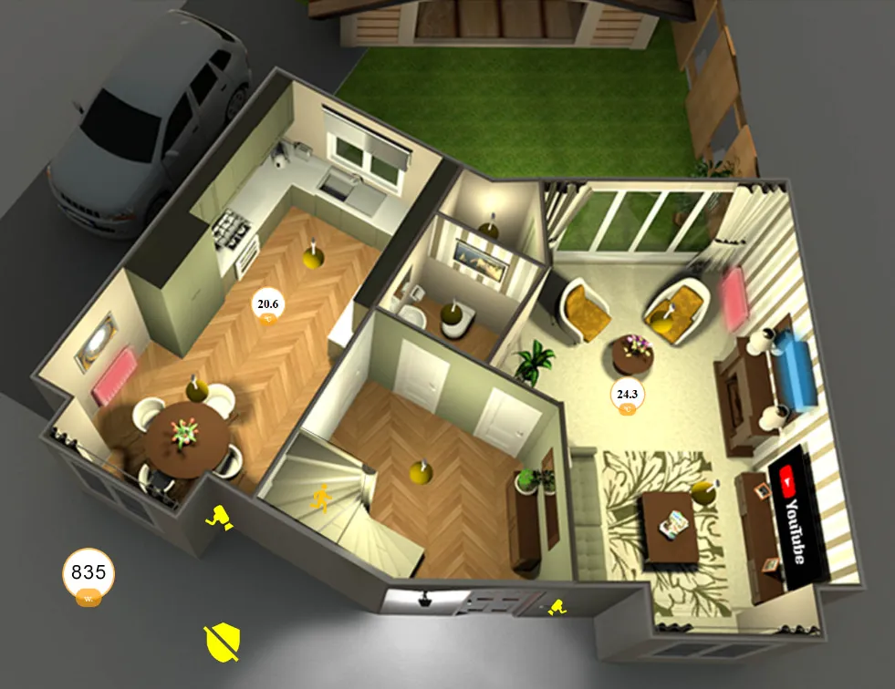 A custom 3D floor plan for The Real Smart Home app, allowing users to control lighting, heating, and security in every room.