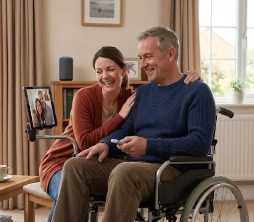 Smiling wheelchair user and partner on a video call at home, holding a smart home control handset