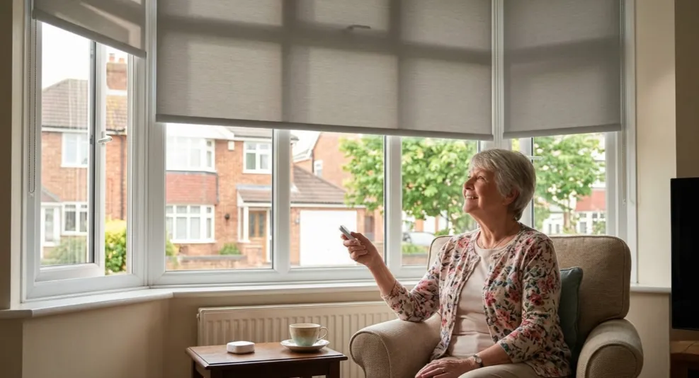 Elderly woman closing automated SH-Pro smart blinds with a remote from her armchair