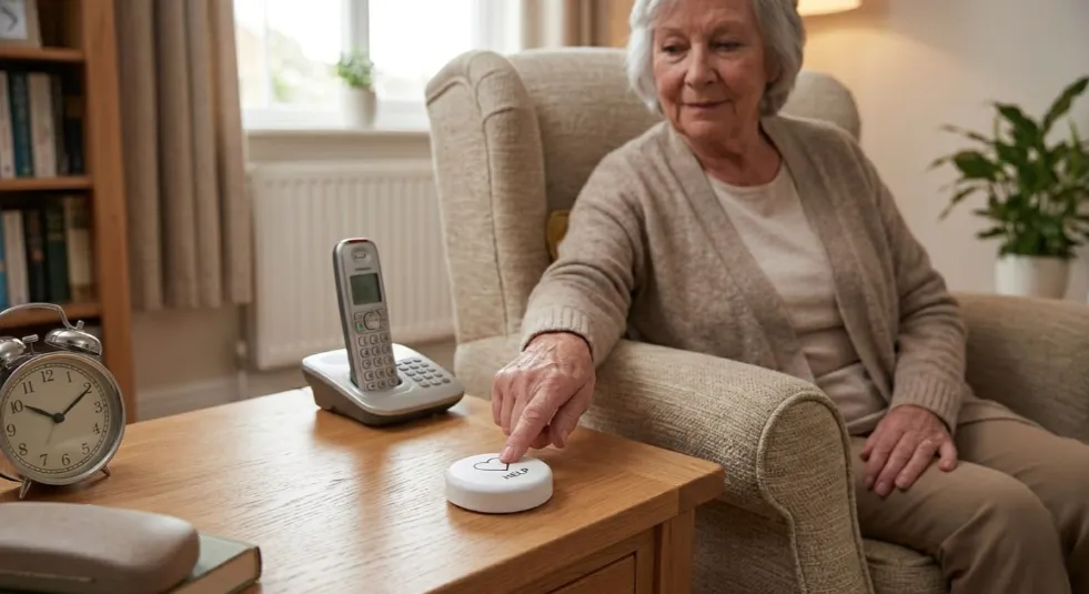 Elderly woman pressing a SH-Pro help button on a side table to alert family or a carer