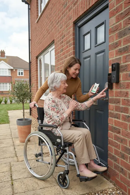 Carer helping an elderly wheelchair user at a front door with a SH-Pro smart lock keypad and video doorbell
