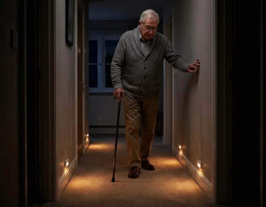 Elderly man with a walking cane using SH-Pro motion-sensor night lights to safely walk a dark hallway