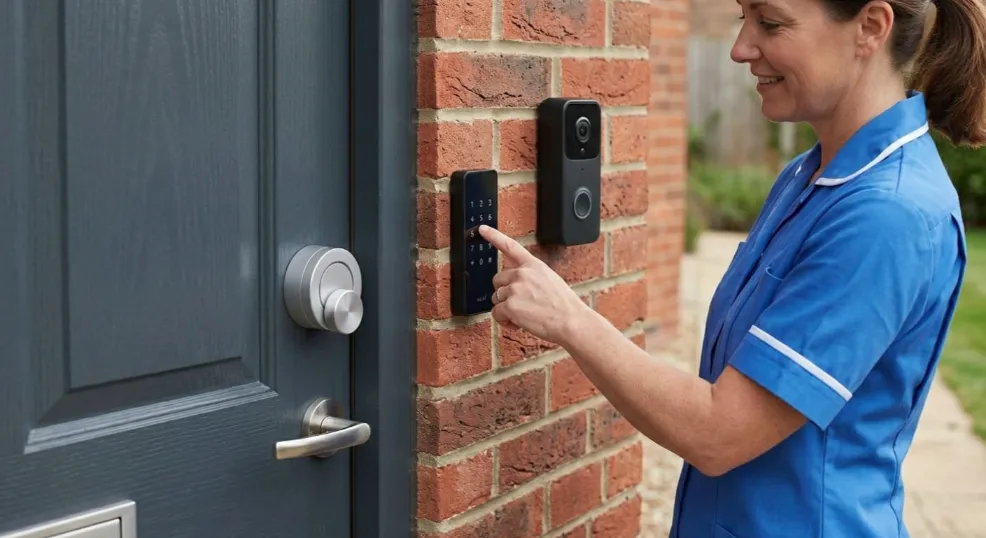 Nurse entering a code on a SH-Pro smart lock keypad beside a video doorbell to let herself in without the resident getting up