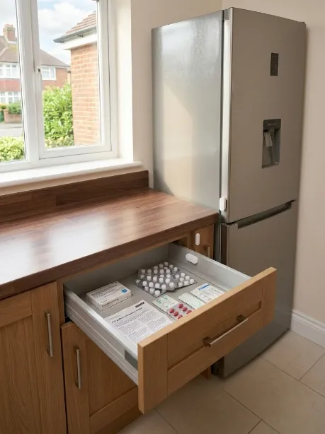 Discreet SH-Pro contact sensor on a medication drawer and fridge sending a quiet activity alert to family