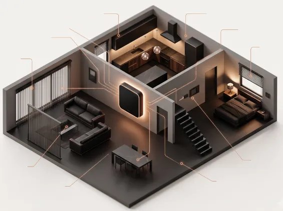 Isometric cutaway of a smart home showing SH-Pro central hub connected to lighting, blinds, and climate controls across rooms
