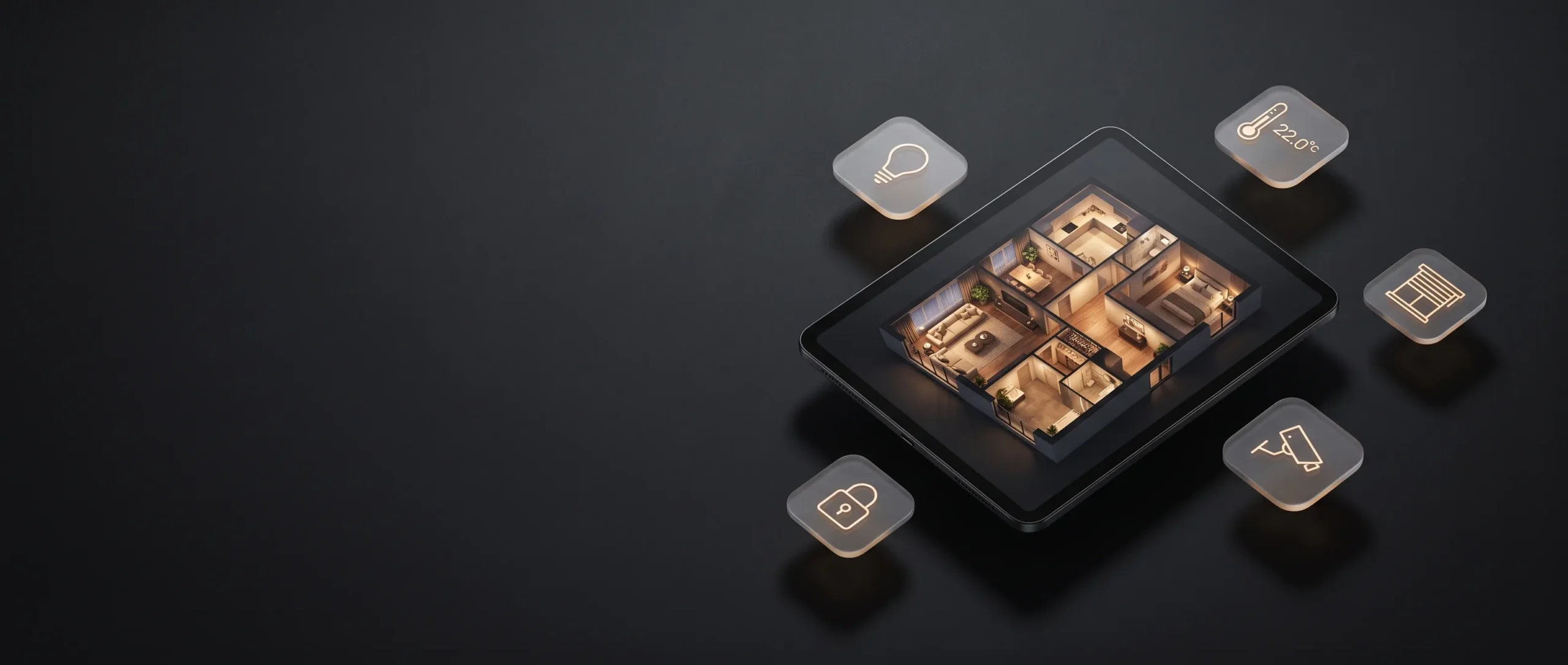 SH-Pro 3D Spatial Digital Twin on a tablet with floating lighting, climate, blind, lock and camera controls