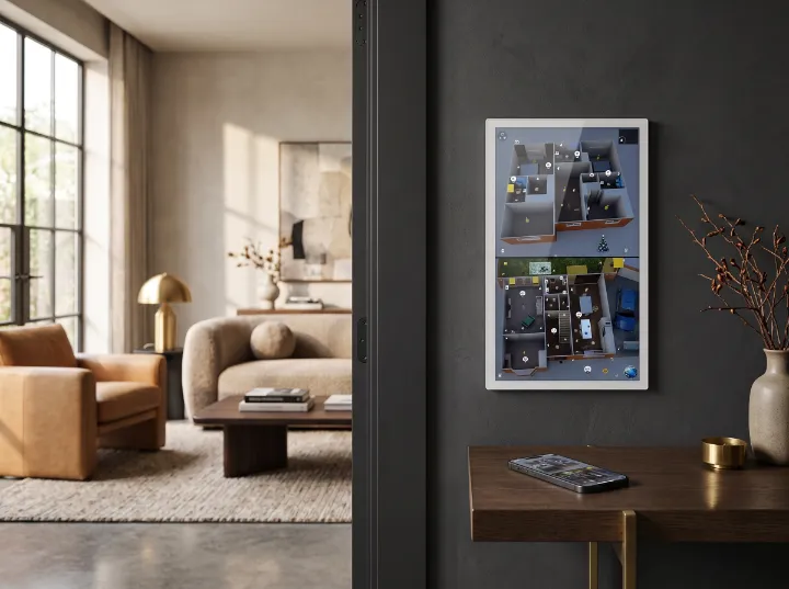 SH-Pro wall panel showing the 3D Spatial Digital Twin interface, mounted in a luxury living space with the same interface mirrored on a phone
