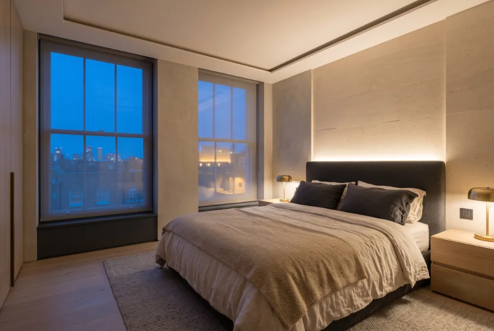 Principal bedroom with bedside KNX keypad and automated blinds