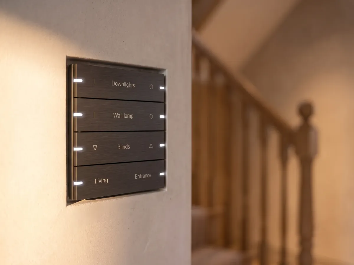 Engraved KNX keypad set into a plaster wall in a London residence