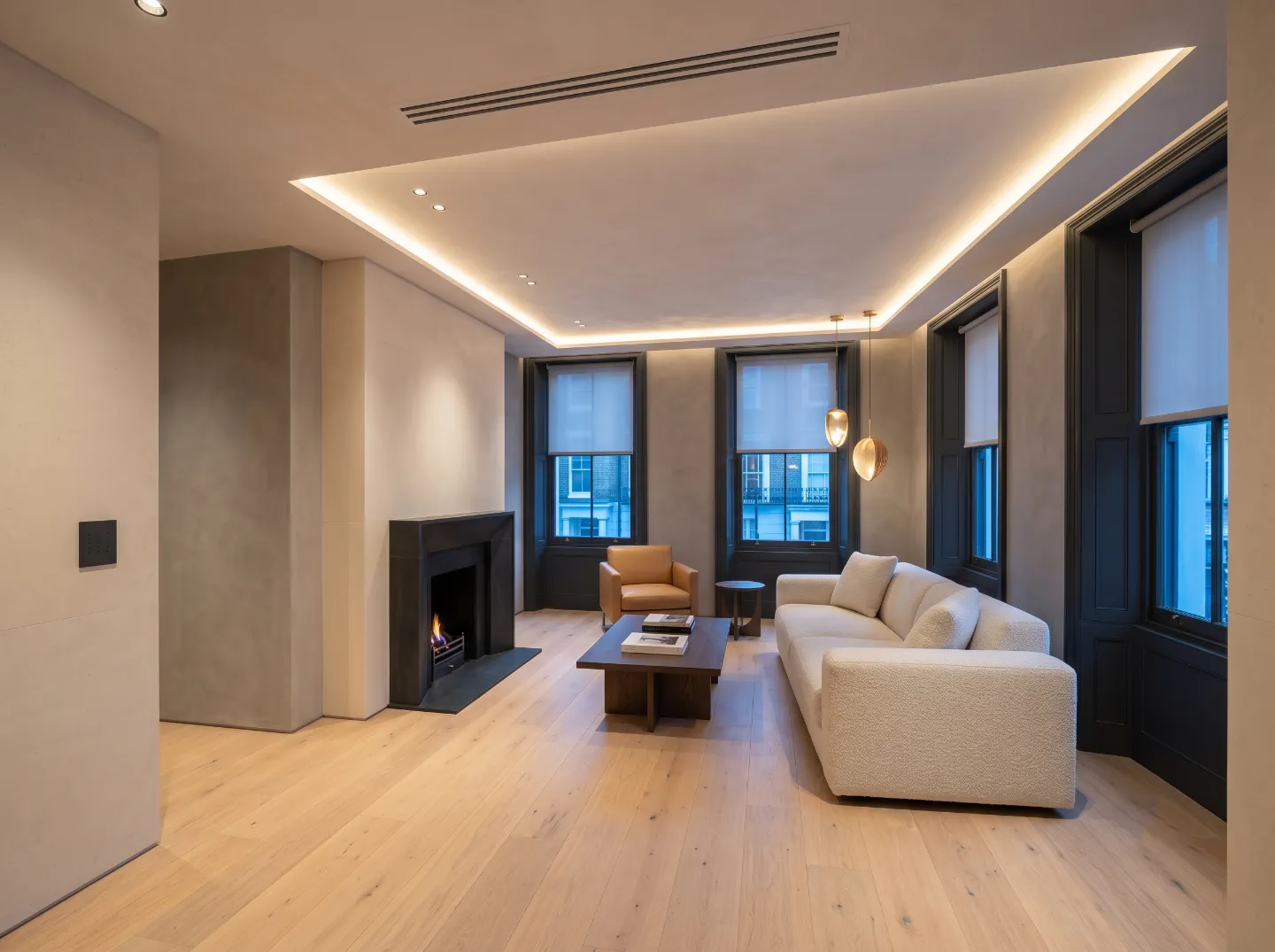 Living space with zoned underfloor heating and integrated air conditioning control