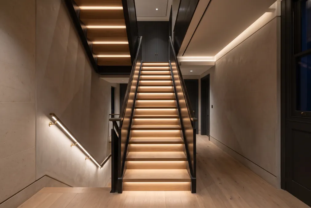 Staircase with layered architectural lighting on a KNX circuit