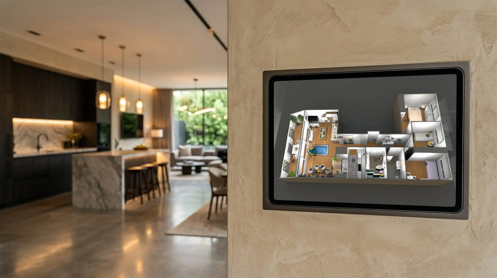 A modern kitchen with a 3d Digital Twin tablet interface.